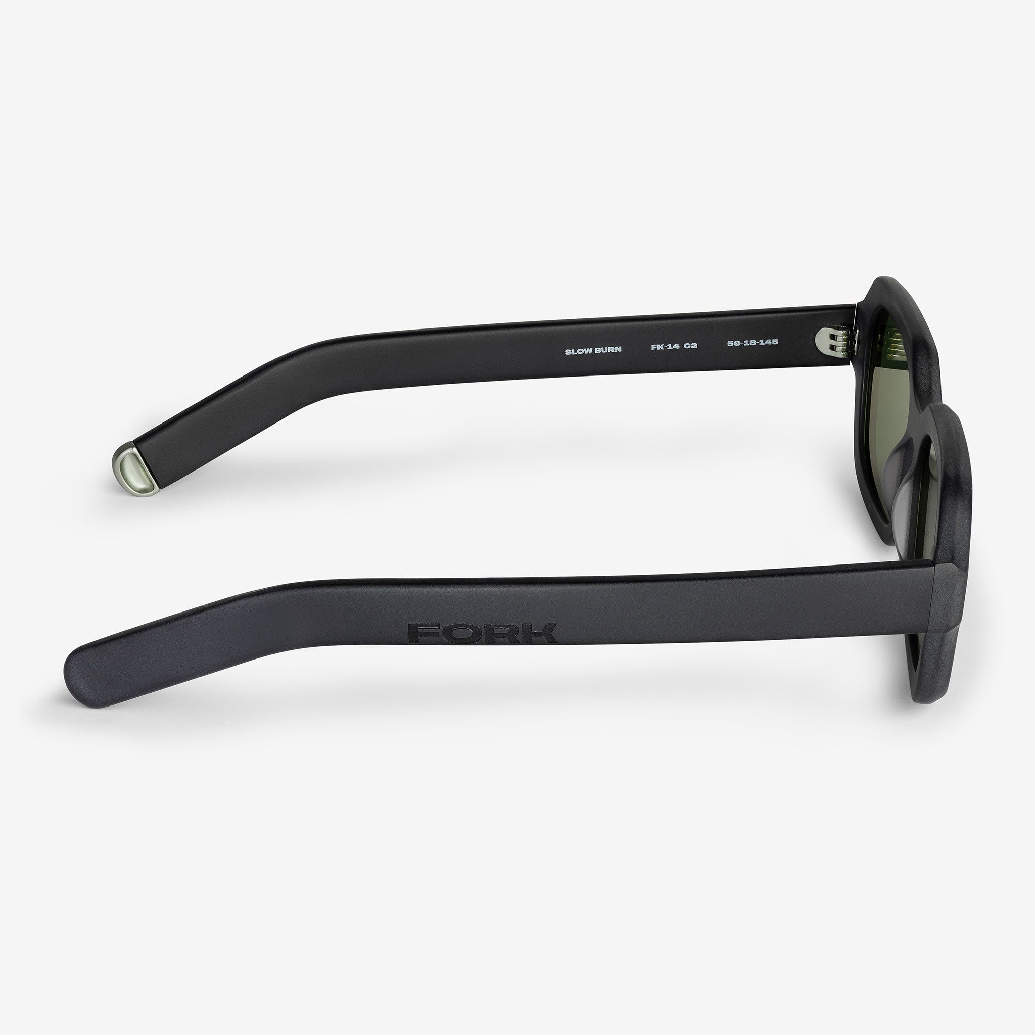 Black sunglasses with 'Fork' branding on a white background 
