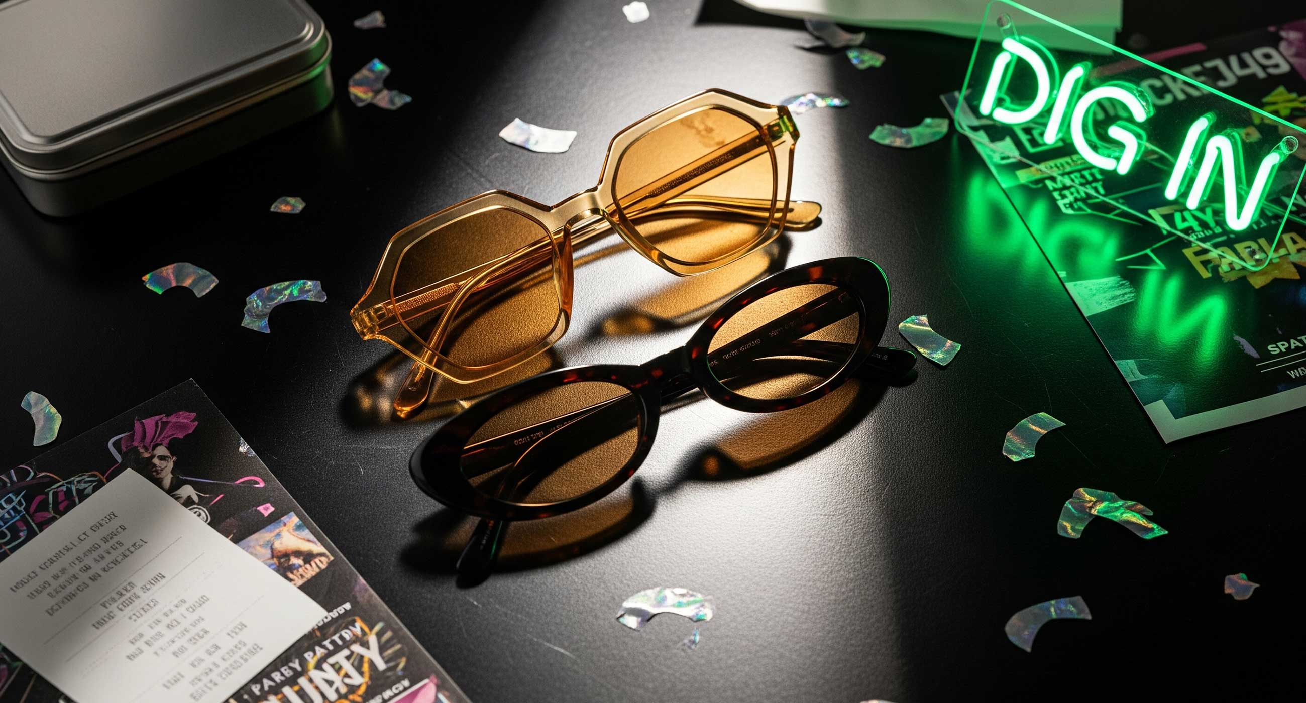 Fork eyewear Sunglasses on a reflective surface with a neon sign and scattered confetti